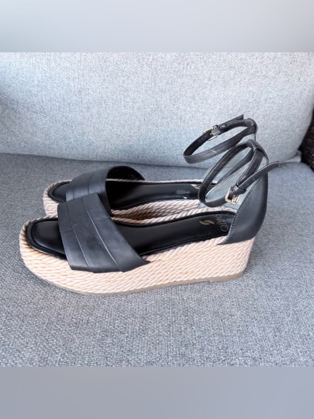 Time and Tru Black Ankle-Strap Espadrille Wedge Sandals